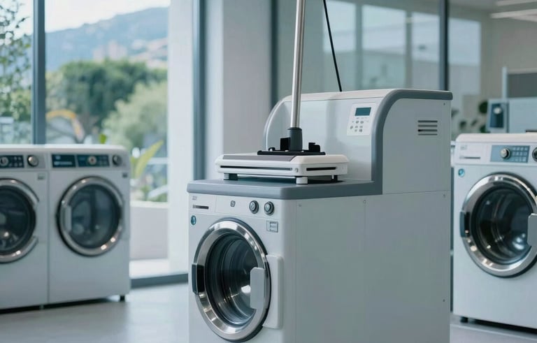 Interior of a high-end, contemporary laundry facility in Southern Europe. A professional steam press station is visible, with soft blue lighting and a clean, organized layout. In the background, large glass windows reveal a hint of Corsican greenery, emphasizing a modern and serene workspace.