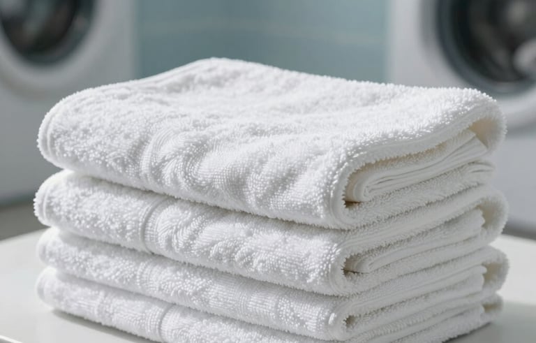 A close-up photograph of a stack of fluffy, perfectly folded white towels in a bright, modern laundry room. The lighting is soft and natural, suggesting a serene morning in Corsica. The background features clean surfaces in shades of light blue and white, reflecting a professional and calming atmosphere.