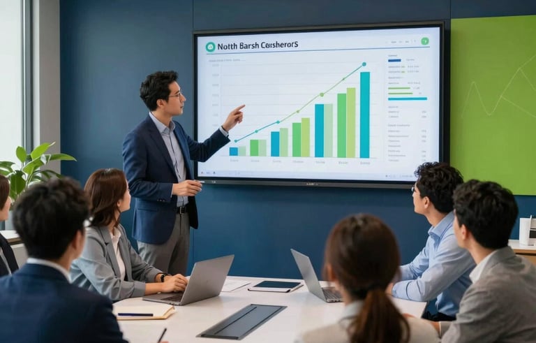 A diverse group of professionals in a contemporary North American conference room, discussing growth charts and digital metrics on a large wall-mounted screen. The room features dark blue and vibrant green accents, with clean lines and a professional, confident mood.