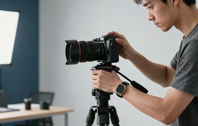 A professional photographer in a bright, modern studio in North America, adjusting a high-end camera on a tripod. The background is a clean, minimal workspace with light grey and dark blue accents. Soft studio lighting highlights the professional gear and organized setup.
