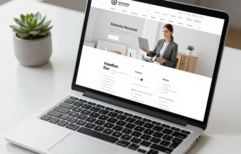 A high-angle shot of a sleek, modern laptop on a clean white desk in a bright North American office. The screen displays a professional, mobile-responsive website layout with a minimalist design. Soft natural light and a small succulent in a light grey pot add to the professional and approachable atmosphere.