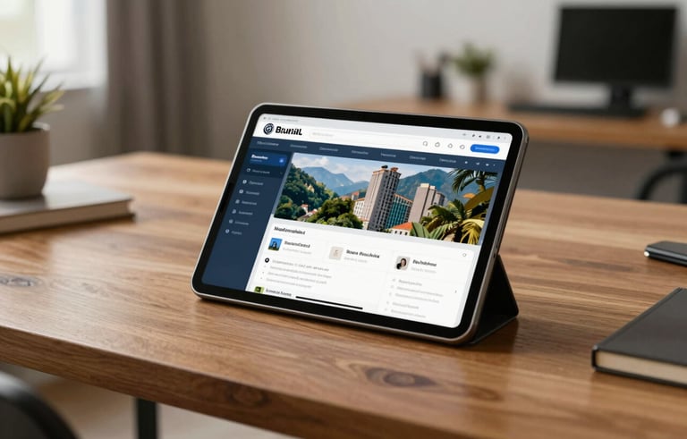 A high-quality photography shot of a modern Brazilian workspace. A tablet on a clean wooden desk shows a digital marketing dashboard. In the background, soft natural light illuminates a professional yet accessible home office setting in a South American apartment.
