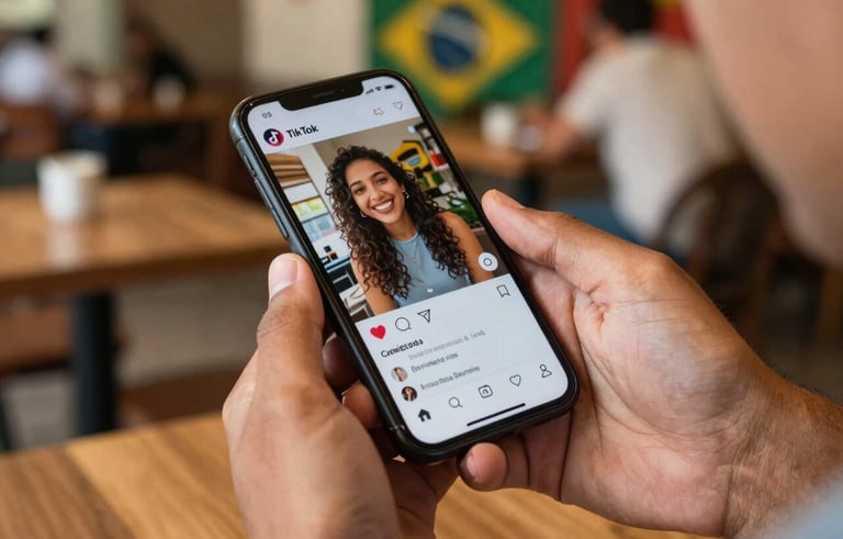 Photography of a person's hands holding a smartphone in a vibrant Brazilian cafe. The screen displays a viral short-form video on a TikTok-style interface with many likes and comments, illustrating consumer engagement.