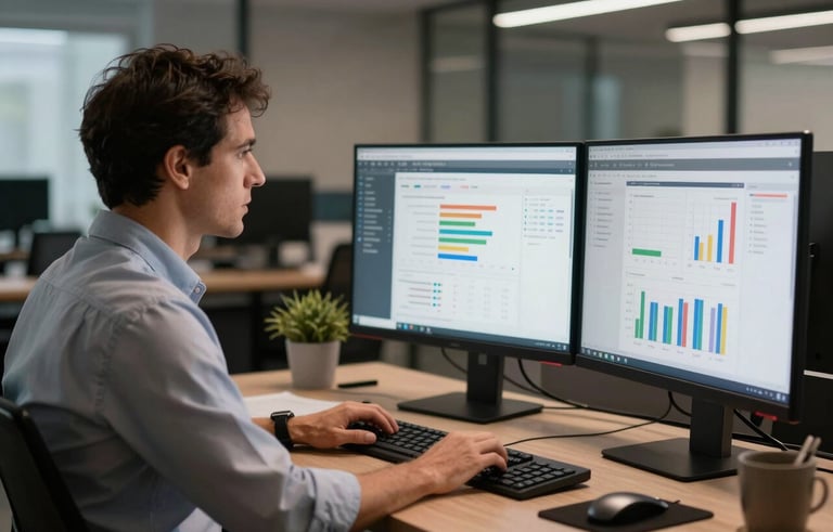 Professional photography of a Brazilian marketing expert analyzing consumer behavior data on a dual-monitor setup in a sleek, modern office. The lighting is focused and professional, highlighting a results-driven atmosphere.