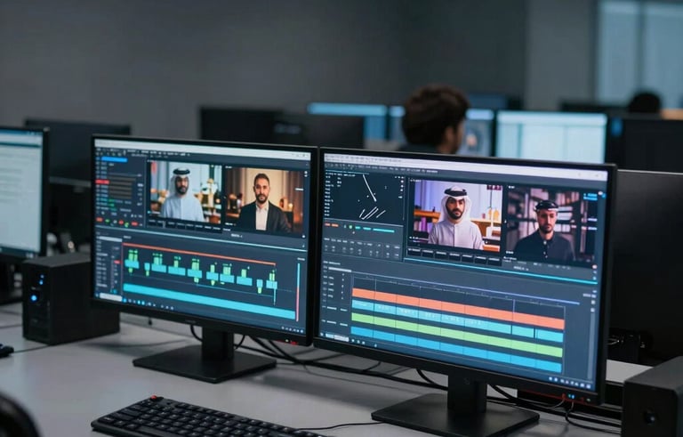 Cinematic photography of a professional video editing suite in a dark gray and blue lighting environment. Multiple monitors display vibrant motion graphics and promotional video sequences. High-quality production equipment is blurred in the background, conveying a high-tech and results-driven atmosphere in a Middle Eastern creative agency.