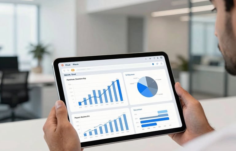 Photography of a professional in a modern Gulf-style office setting holding a tablet. The screen displays a complex social media analytics dashboard with blue and light gray charts. The background is a clean, minimalist workspace with architectural details reflecting modern Middle Eastern office design and premium quality.
