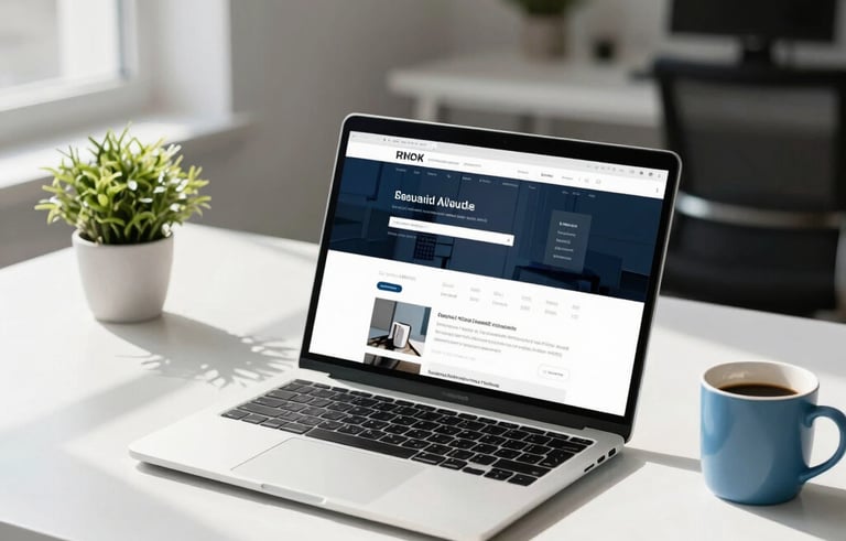 Professional photography of a minimalist workspace in a modern Riyadh office. A silver high-end laptop is open on a white desk showing a clean, sleek website design. Natural morning light enters from a window, creating soft shadows. A small green plant and a blue coffee mug sit nearby, emphasizing a clean and professional digital atmosphere.