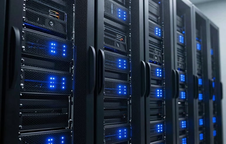 Photography of a sophisticated data center with rows of sleek black servers and glowing soft blue indicators. The composition uses leading lines and a low-angle perspective to emphasize scale. International / Business context.