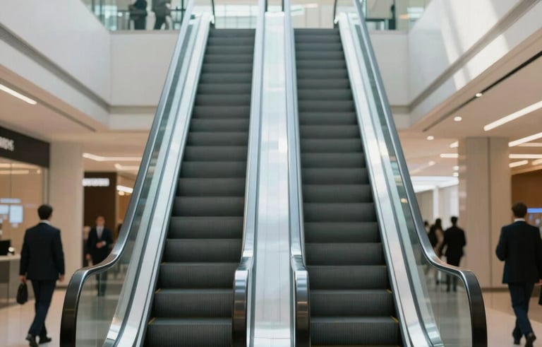 A crisp, high-resolution photograph of a sunlit, modern corporate atrium with glass elevators and architectural lines in light grey and white. International / Business attire figures are visible in the background, out of focus. Lighting is clean and professional.