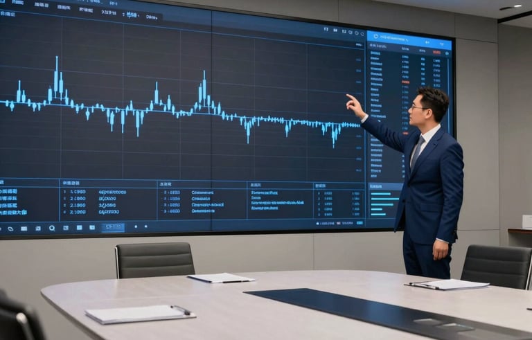 A wide-angle photography shot of a high-tech conference room with a large sleek table. A professional in a dark blue tailored suit is examining a wall-sized digital display showing clean blue data points. International / Business setting.