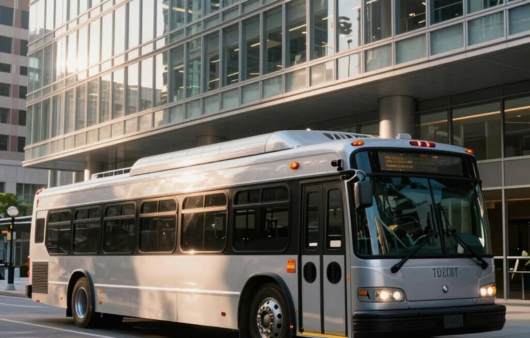 A photograph of a sleek silver passenger shuttle bus parked in front of a modern glass office building in a North American downtown area, morning light, crisp architecture.