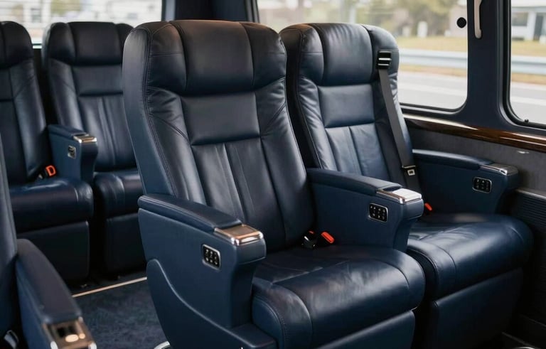 A photograph of the interior of a luxury corporate coach with plush deep navy leather seating, integrated power outlets, and warm ambient lighting, North American business context.