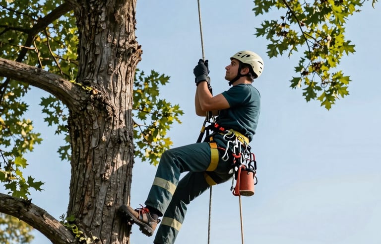Professional arborist in high-visibility safety gear climbing a tall oak tree using ropes and harness. Daylight photography, clear blue sky background, Central European / Polish park setting. Focus on Scandinavian precision equipment and technical expertise. Natural tones of dark teal and muted sage.