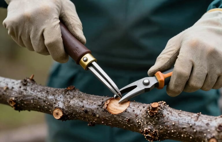 Macro photography of a clean, surgical cut on a tree branch, showing professional arborist techniques. In the background, an arborist works with specialized tools. Elegant composition, wooden taupe tones and deep teal accents, Central European / Polish context.