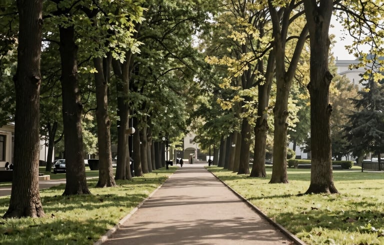 A wide, scenic view of a perfectly maintained public park in a Polish city. Tall, healthy trees line a clean pathway. Morning sunlight filtering through leaves. Scandinavian aesthetic of clean, organized greenery. Professional photography, taupe and soft green tones.