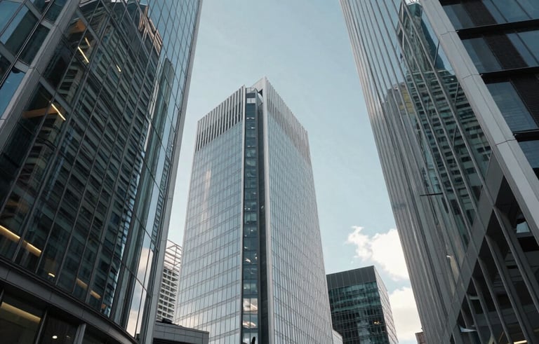 A wide-angle, low-perspective shot of the sleek glass facades of skyscrapers in the City of London, United Kingdom. The reflection of a clear blue sky and the surrounding modern architecture creates a forward-thinking and sophisticated mood. Professional lighting emphasizing cool light grey and muted blue tones.