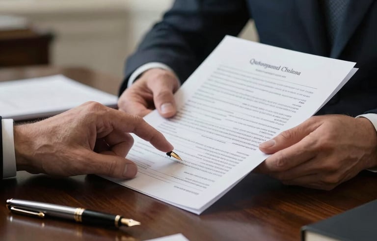 A close-up shot of professional hands reviewing a high-quality financial document on a dark wood desk in a British boardroom. A luxury fountain pen sits nearby. The background is softly blurred showing a hint of London's historic architecture. The color palette includes dark navy and muted grey.