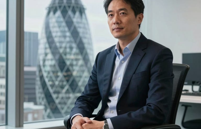 A sophisticated financial consultant sitting in a brightly lit, modern office in London, United Kingdom. Through the window, the iconic Gherkin building is visible. The professional wears a sharp dark navy suit, looking focused. The atmosphere is professional and trustworthy with a soft light blue and grey color palette.