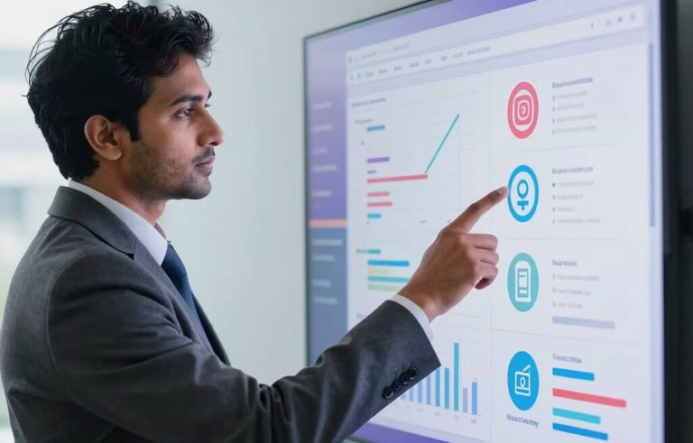 A high-quality photography of a South Asian business professional pointing at a digital screen with social media analytics charts. The background is a bright, modern office with soft light blue and purple gradient light accents, reflecting a premium digital marketing agency vibe.