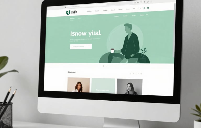 A minimalist, premium workspace setup in India with a high-end desktop monitor displaying a modern website layout. The lighting is bright and clean with soft green and white tones, highlighting professionalism and minimal UI design.