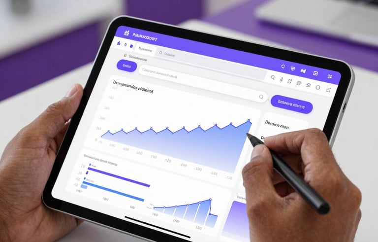 A close-up photograph of a tablet screen being used by a South Asian professional, showing complex search engine analytics and growth charts. Background shows a blurred modern office in purple and white tones.