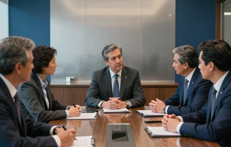 Professional South American corporate meeting room with executives in formal attire discussing strategic plans. The lighting is clean and bright, reflecting a classic corporate style with steel blue and dark blue accents in the decor.