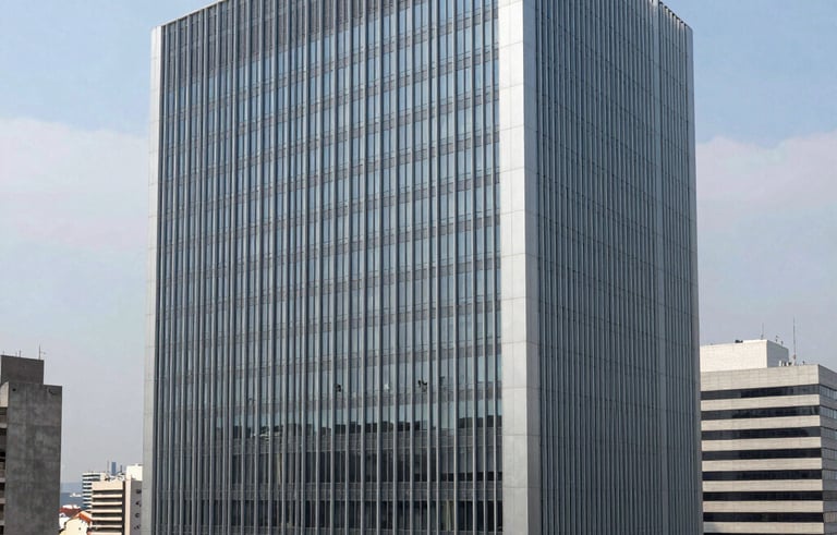 Modern corporate architecture of a business center in a South American metropolis, symbolizing stability and authority. Wide shot, clean lines, steel blue and light grey tones.