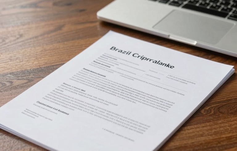 A close-up of professional Brazilian business documents and a high-end laptop on a polished wooden desk, evoking a sense of legal integrity and corporate compliance, in soft daylight.