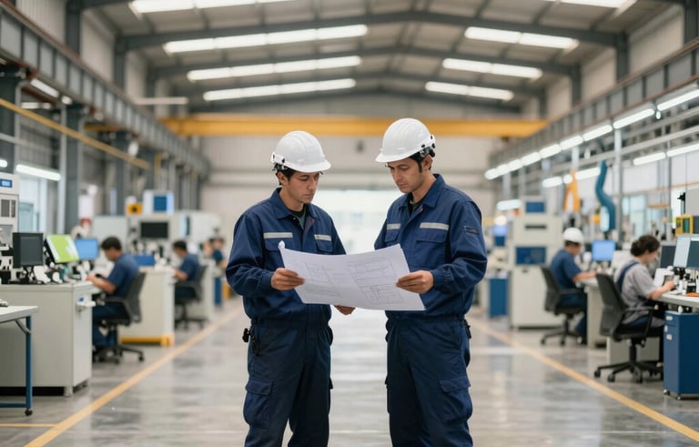 A wide shot of a clean, organized industrial factory floor in Brazil, engineers in navy blue uniforms discussing a project over a blueprint, bright professional lighting.