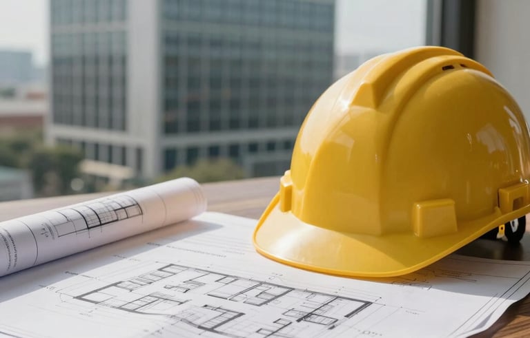 Detailed view of architectural blueprints and a hard hat on a wooden table, soft focus on a modern South American office building in the background, elegant corporate style.