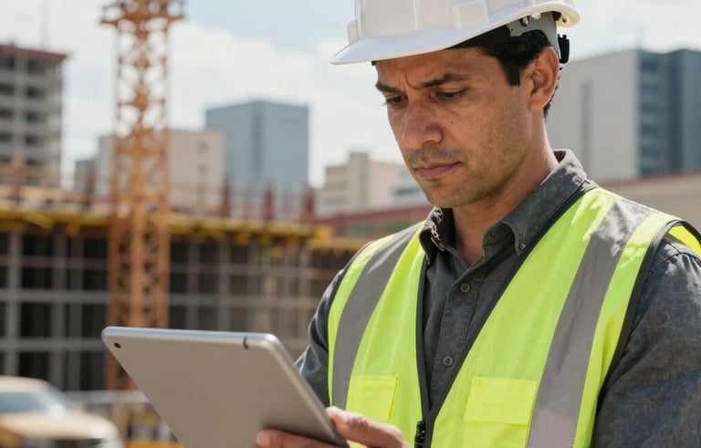 A close-up of a professional in a white hard hat and a high-visibility vest holding a tablet on a modern construction site in a South American urban setting, bright daylight, professional photography style.