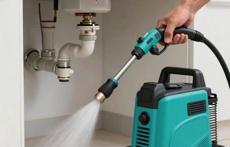 Close-up of plumbing tools and a high-pressure water jetting machine being used to clear a drain in a modern Southeast Asian / Filipino kitchen. Clean, sharp focus on professional machinery and bright teal accents.