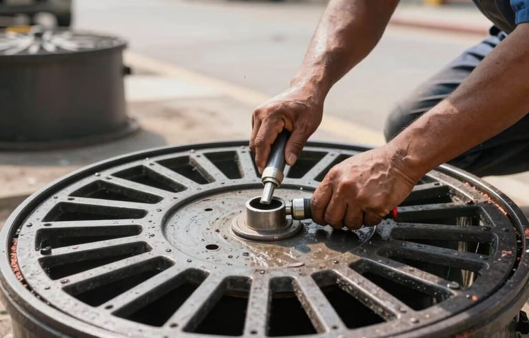 A clean, bright photo of a new septic tank manhole being professionally sealed by a technician. Southeast Asian / Filipino urban background, focusing on structural integrity and professional plumbing equipment.