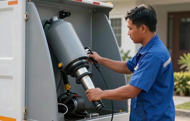 A professional Southeast Asian / Filipino technician in a blue uniform operating a modern vacuum siphoning truck. The scene is clean, in a bright outdoor residential setting with soft morning light, emphasizing efficient waste management service.