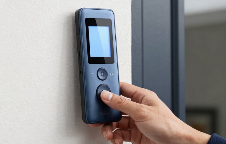 A person’s hand using a sleek, modern digital video intercom at the entrance of a contemporary Ecuadorian home. The device is metallic blue gray with a glowing screen. Professional composition, daylight. Colors include navy blue and off-white.