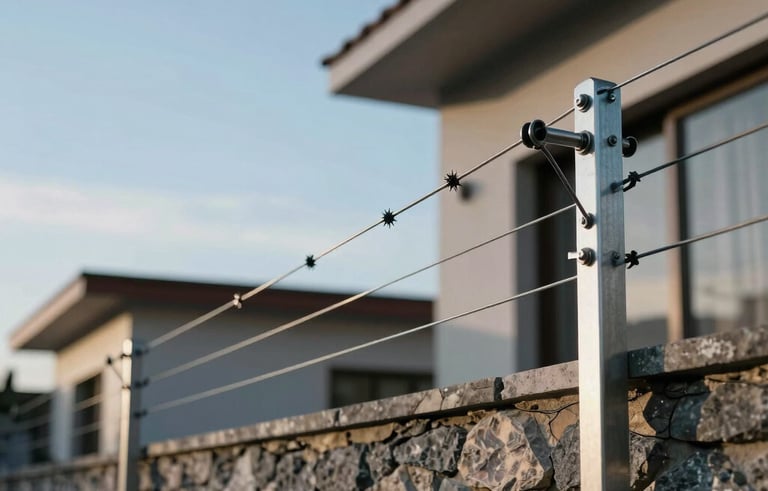 Close-up photography of a professional electric fence installation on a modern stone wall in a residential area of Quito, South American architecture. The metallic wires are sharp against a clear blue sky, soft afternoon light, emphasizing security and reliability. Colors include silver and blue gray.