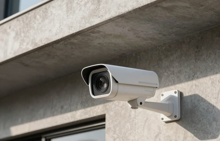 A high-end white surveillance camera mounted on a modern concrete wall under the eaves of a house in a South American residential neighborhood. Sharp focus on the lens. Morning light, professional architectural photography. Colors include light gray and steel blue.