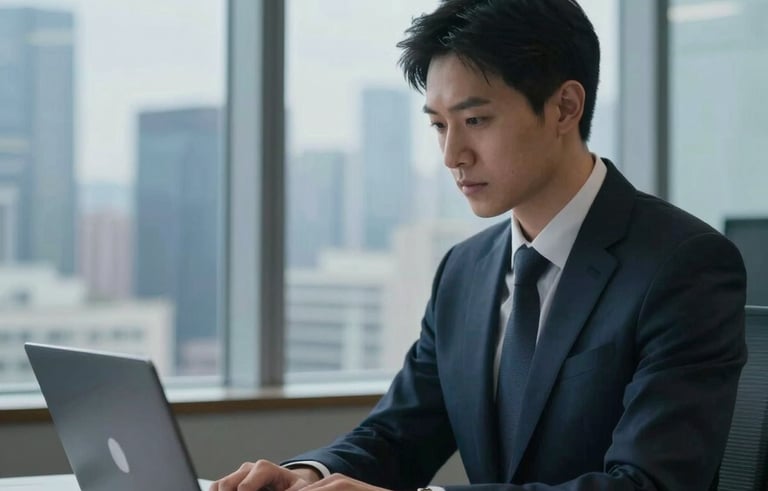 A professional IT engineer in a global business setting, working on a sleek laptop with a blurred city skyline through large windows, soft blue and navy professional lighting, clean composition.