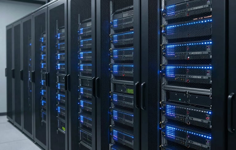 A high-tech data center interior with neat rows of server racks illuminated by subtle blue LED lights, showing professional hardware management and scale, global standard facility.