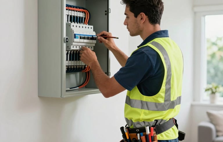 A professional electrician wearing high-visibility gear and a tool belt working on an open electrical circuit breaker panel inside a modern Oceanian home. Clean, bright composition with soft natural lighting.