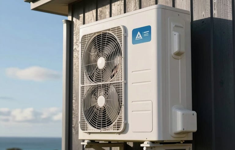 A sleek white heat pump unit mounted on a contemporary dark weatherboard exterior wall of an Oceanian house. Bright afternoon sun with clear New Zealand skies in the background.