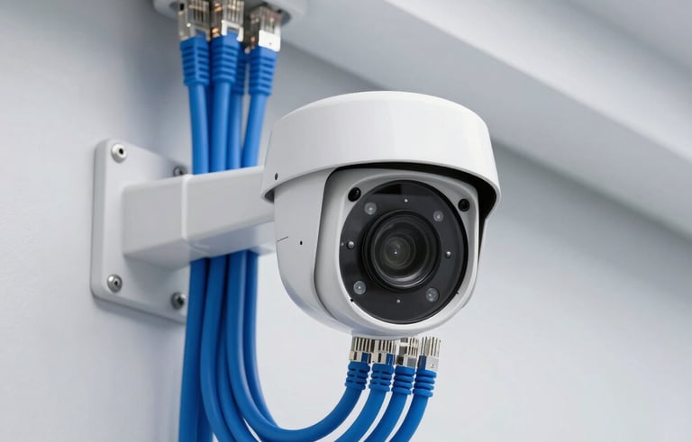 A high-tech digital security camera and a neat bundle of blue networking cables installed in a clean, modern commercial setting. Professional and sharp architectural photography.
