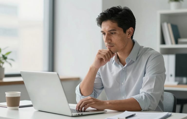 A Hispanic professional in a modern, brightly lit office, looking thoughtfully at a laptop screen, clean desk with a coffee mug, professional and trust-instilling atmosphere, soft morning light, palette of white and soft grey.