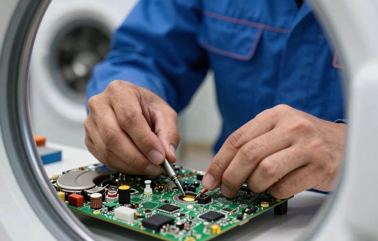 Close-up of a technician's skilled hands repairing the electronic motherboard of a modern washing machine. Professional blue uniform, bright workshop lighting, emphasizing precision and technical expertise. Istanbul Anatolian Side context.