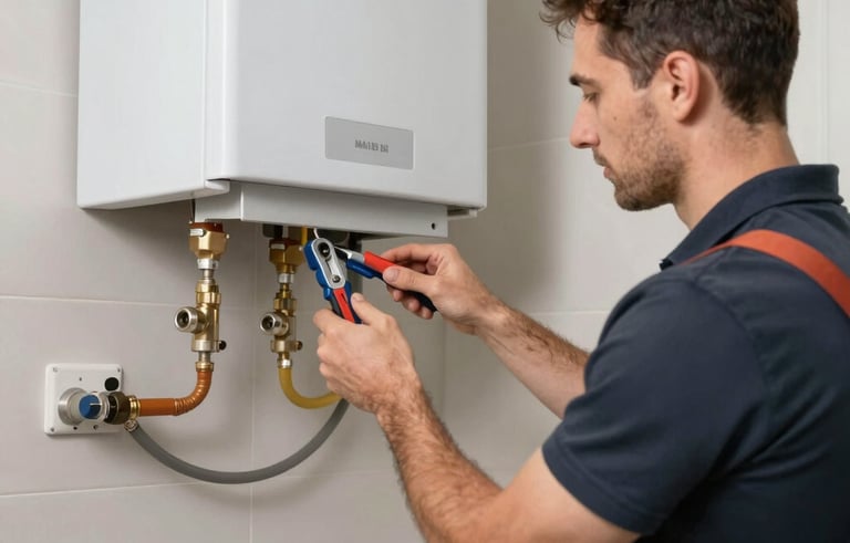 A technician performing seasonal maintenance on a wall-mounted kombi boiler in a clean, modern home setting. Professional tools, safety equipment, soft lighting. Reliable and clean service imagery set in Istanbul Anatolian Side.