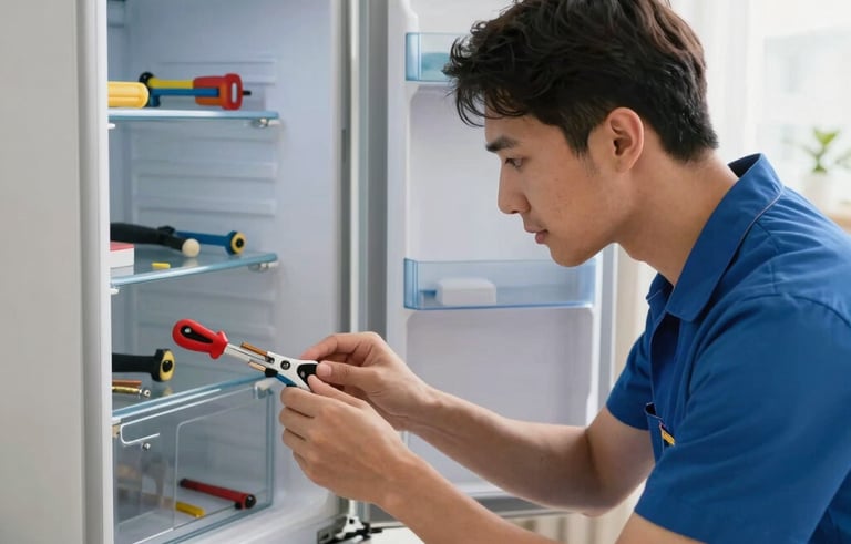 A professional technician in clean uniform repairing a modern refrigerator in an Istanbul Anatolian Side apartment. High-end tools are visible. Sharp focus, bright natural lighting, professional and trustworthy atmosphere. Blue and White color accents.