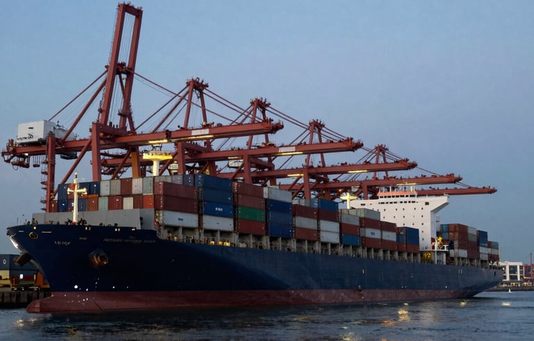 Professional photography of a large-scale international port with massive container ships and cranes at dusk. The lighting is cinematic, reflecting dark navy and light blue colors on the water, symbolizing global trade and logistics in an International Global context.