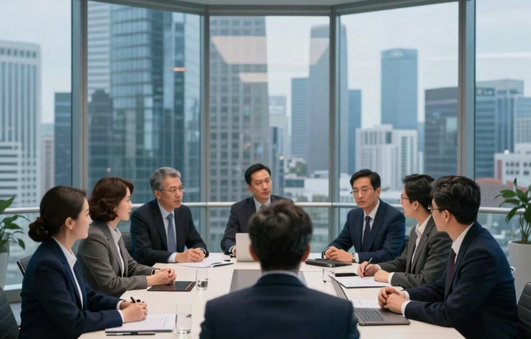 A sharp, professional wide shot of a glass-walled boardroom overlooking a modern skyline. A group of business leaders in formal attire are collaborating. The color palette includes deep blue and dark navy tones with sophisticated off-white highlights.