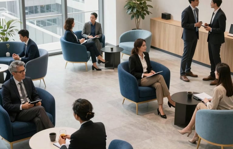 A high-angle photography shot of a bright, modern corporate office lounge in an International Global city where diverse business professionals are engaging in networking. The scene is lit with soft natural light, featuring deep blue and light blue furniture accents and off-white walls.