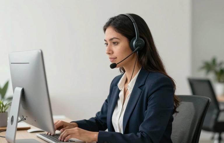 A focused South American / Brazilian customer service professional wearing a sleek wireless headset in a modern, brightly lit office with minimalist decor. Soft natural light, professional atmosphere. Palette uses off-white and dark blue.